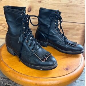 Vintage‎ Brahma Canada West Black Leather Kiltie Lace Up Boots Vibram Sole Mens